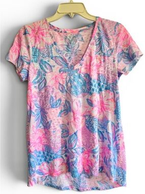 Lilly Pulitzer Pink Blue Floral Knit Tee V-Neck Short Sleeve 100% Cotton S prep